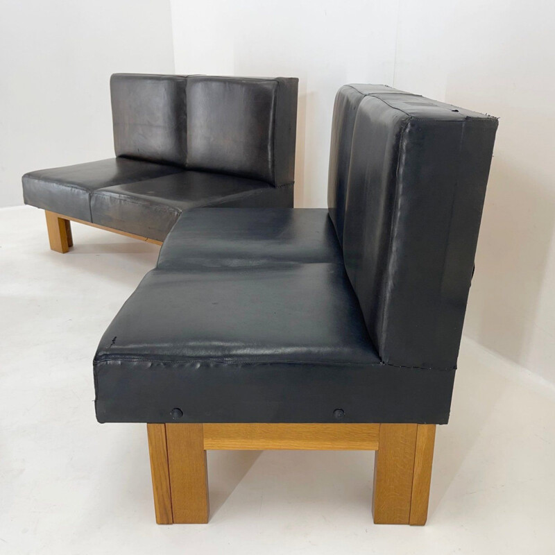 Vintage leather and oak wood living room set, 1970s