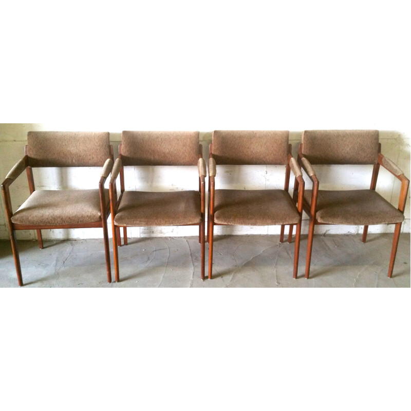 Set of 4 Thonet armchairs in solid teak and beige fabric - 1960s