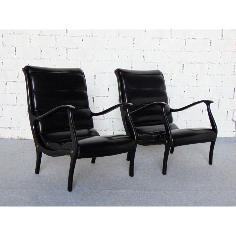 Pair of vintage wood and leatherette armchairs Mitzi model by Ezio Longhi