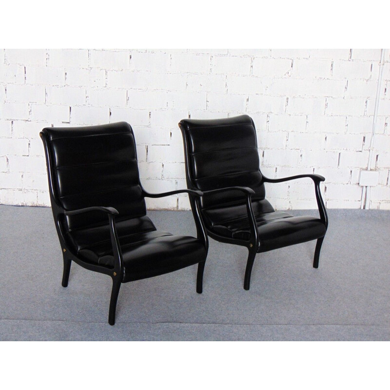 Pair of vintage wood and leatherette armchairs Mitzi model by Ezio Longhi