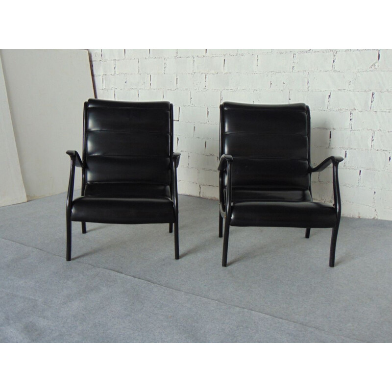 Pair of vintage wood and leatherette armchairs Mitzi model by Ezio Longhi