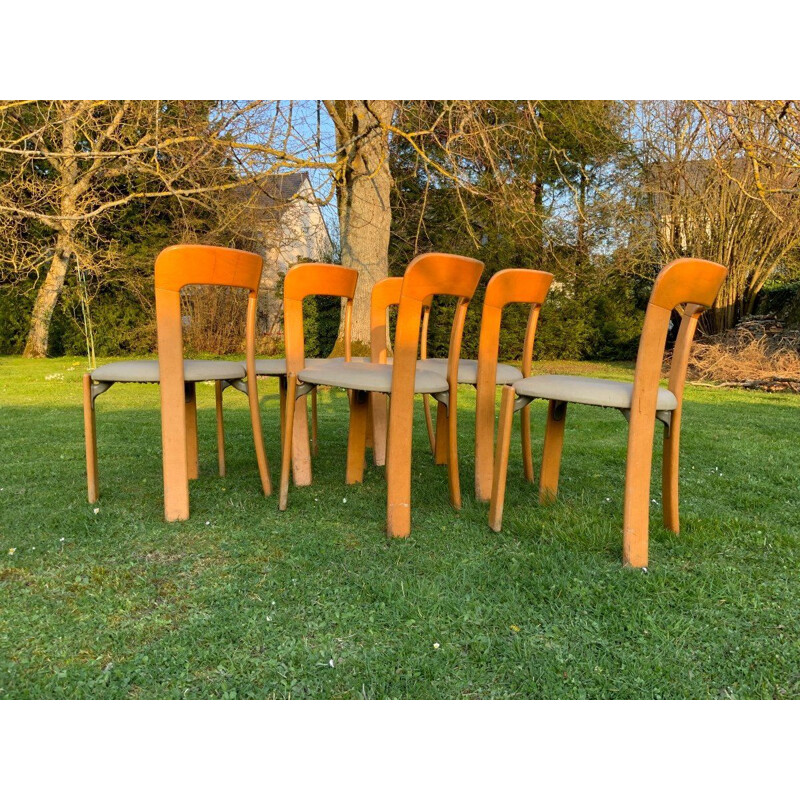 Ensemble de 6 chaises vintage en bois et simili, 1960
