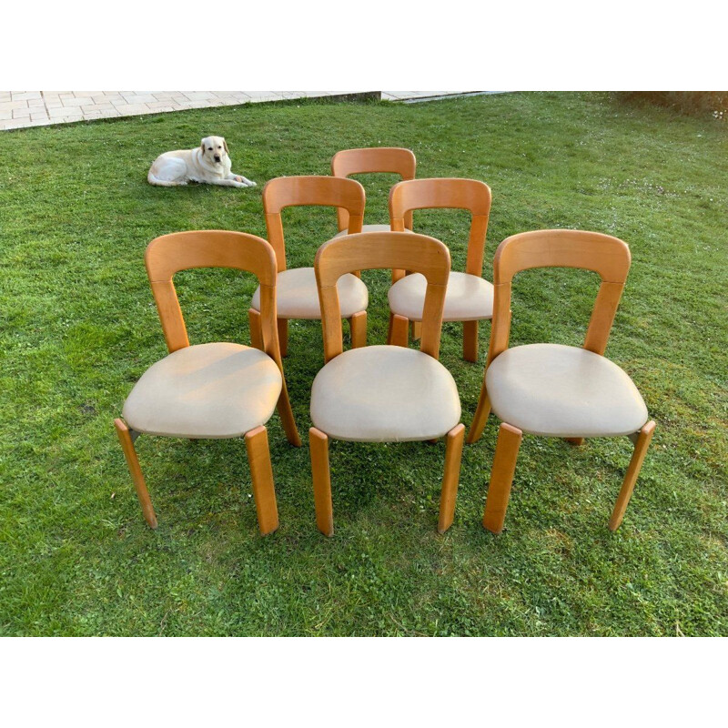 Ensemble de 6 chaises vintage en bois et simili, 1960