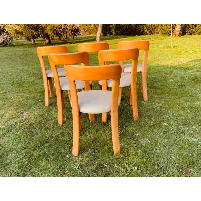 Conjunto de 6 cadeiras de madeira vintage e imitação, 1960