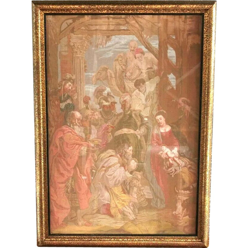 Vintage tapestry frame "Adoration of the Magi" in wood by Peter Paul Rubens, English