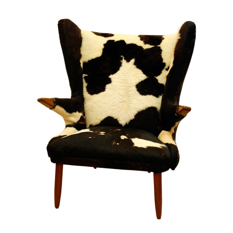 Fauteuil bergère vintage en peau de vache de Svend Skipper, 1950