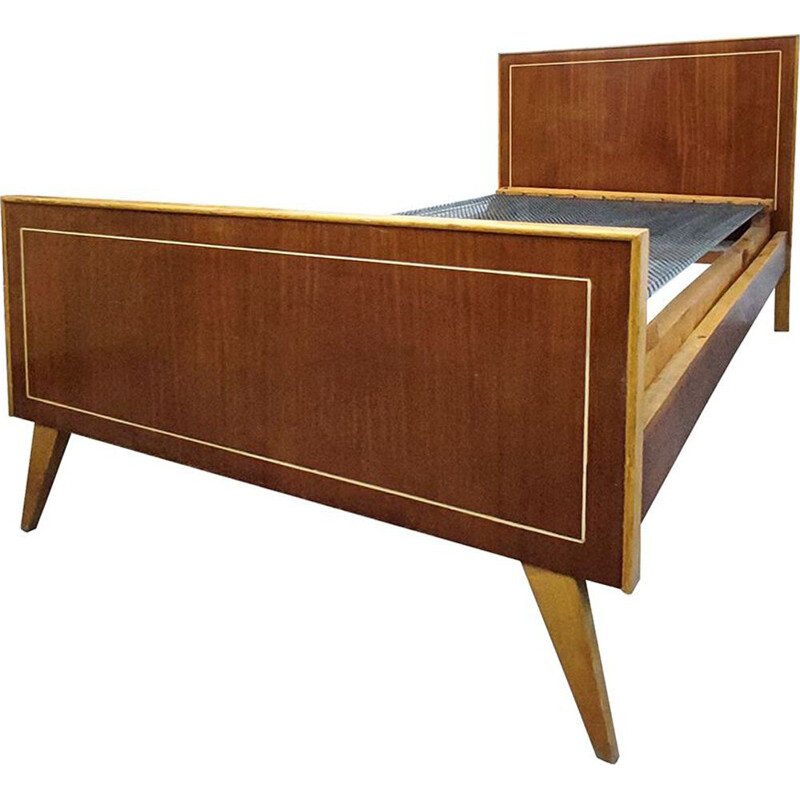 Mid century beech wood bed, Spain 1950s