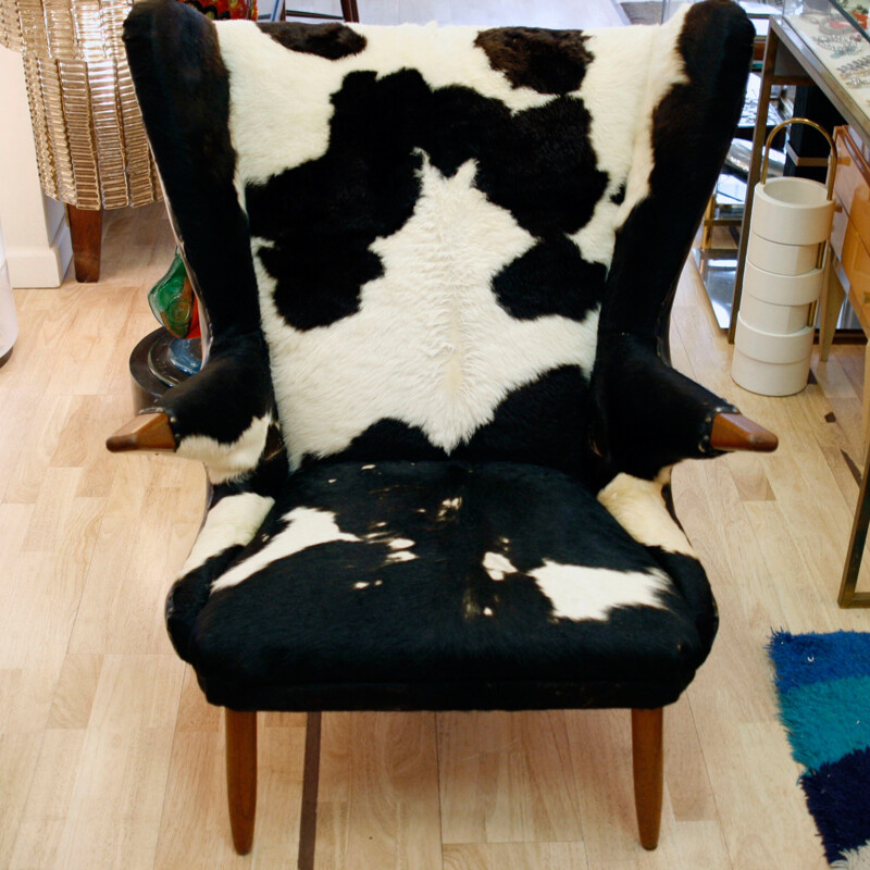 Vintage cowhide armchair by Svend Skipper, 1950