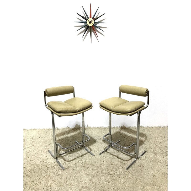 Pair of Pieff "Eleganza" bar stools in leather and chromed metal - 1970s