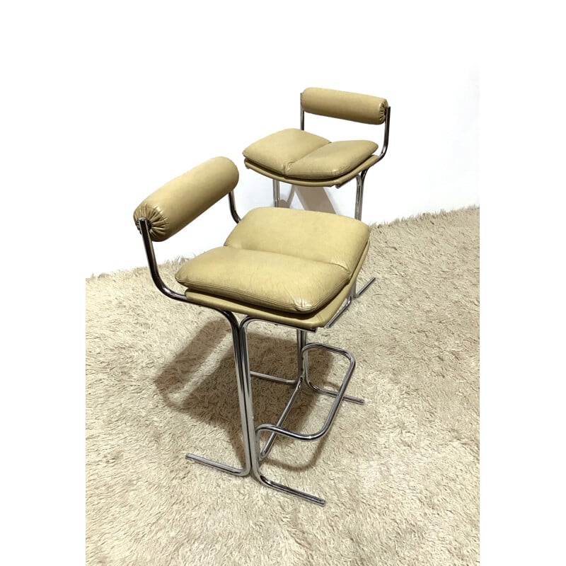 Pair of Pieff "Eleganza" bar stools in leather and chromed metal - 1970s