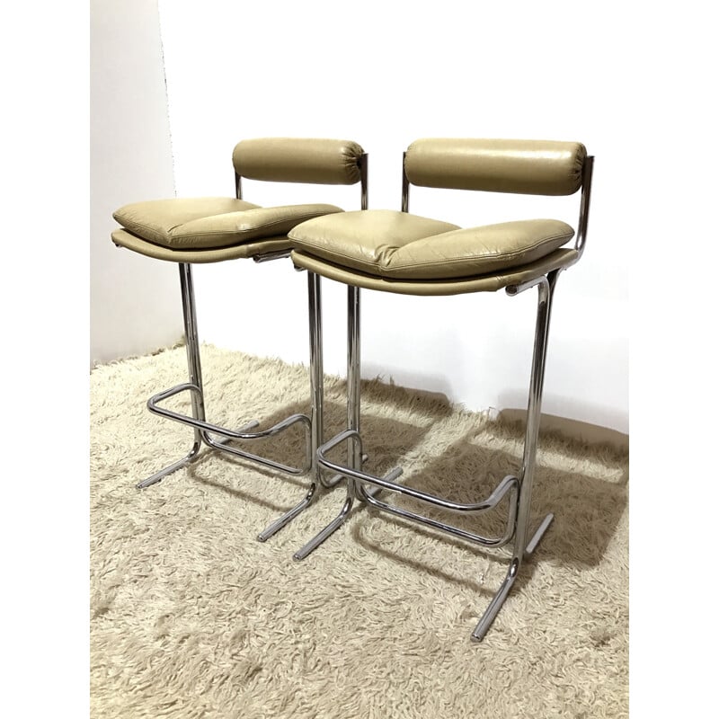 Pair of Pieff "Eleganza" bar stools in leather and chromed metal - 1970s