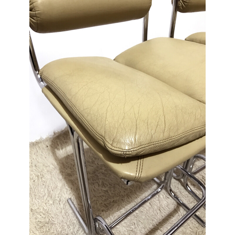 Pair of Pieff "Eleganza" bar stools in leather and chromed metal - 1970s