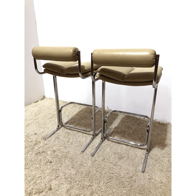 Pair of Pieff "Eleganza" bar stools in leather and chromed metal - 1970s