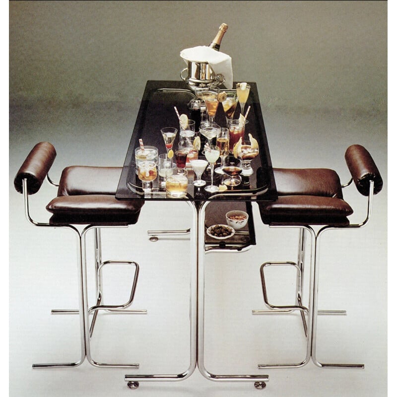 Pair of Pieff "Eleganza" bar stools in leather and chromed metal - 1970s