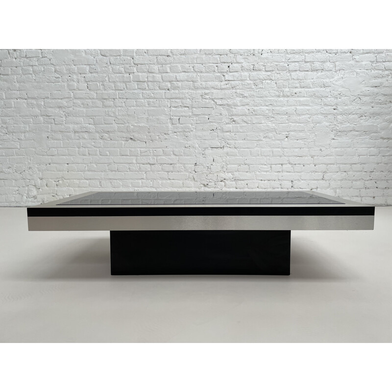 Table basse vintage en aluminium brossé et plateau en verre noir