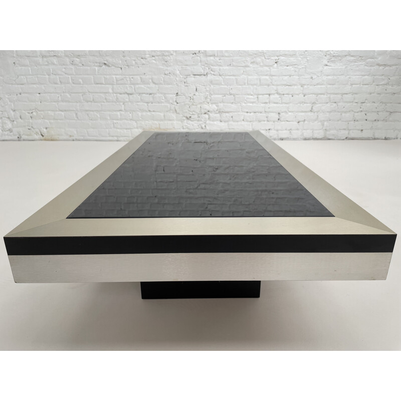 Vintage coffee table in brushed aluminum and black glass top