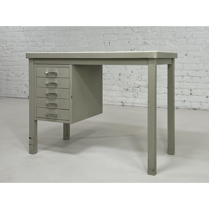 Bureau vintage en métal avec caisson à 5 tiroirs, 1950