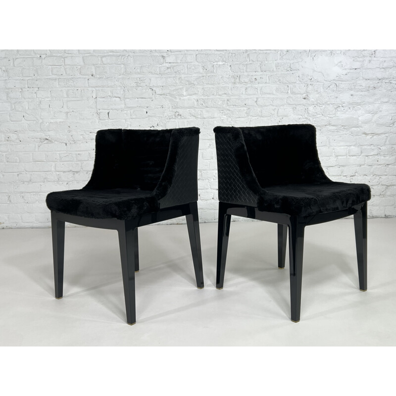 Pair of vintage black abs and black braided leather armchairs "Mademoiselle Kravitz" by Philippe Starck for Kartell