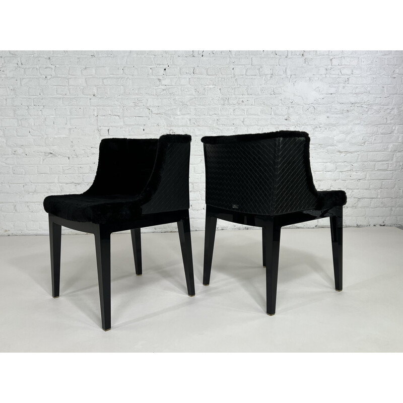 Paar vintage zwart abs en zwart geweven lederen fauteuils "Mademoiselle Kravitz" van Philippe Starck voor Kartell