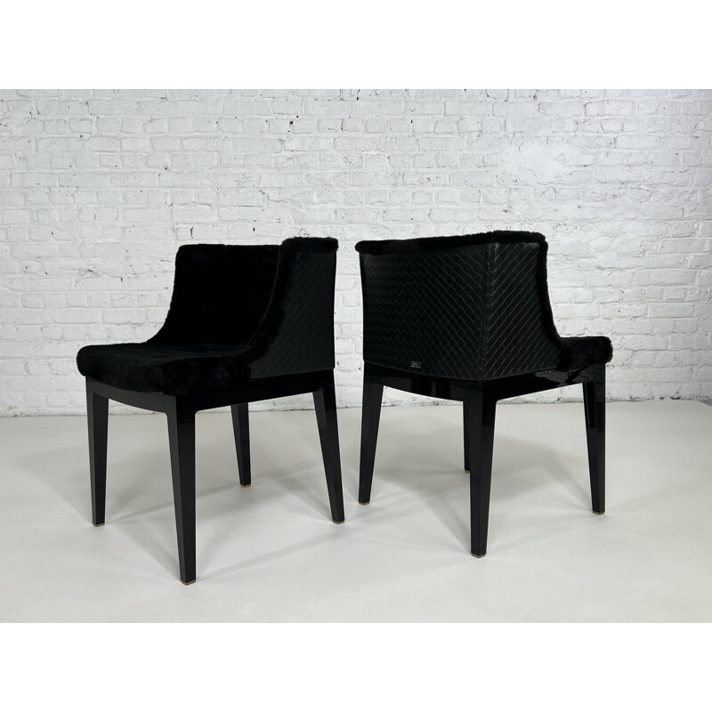 Pair of vintage black abs and black braided leather armchairs "Mademoiselle Kravitz" by Philippe Starck for Kartell