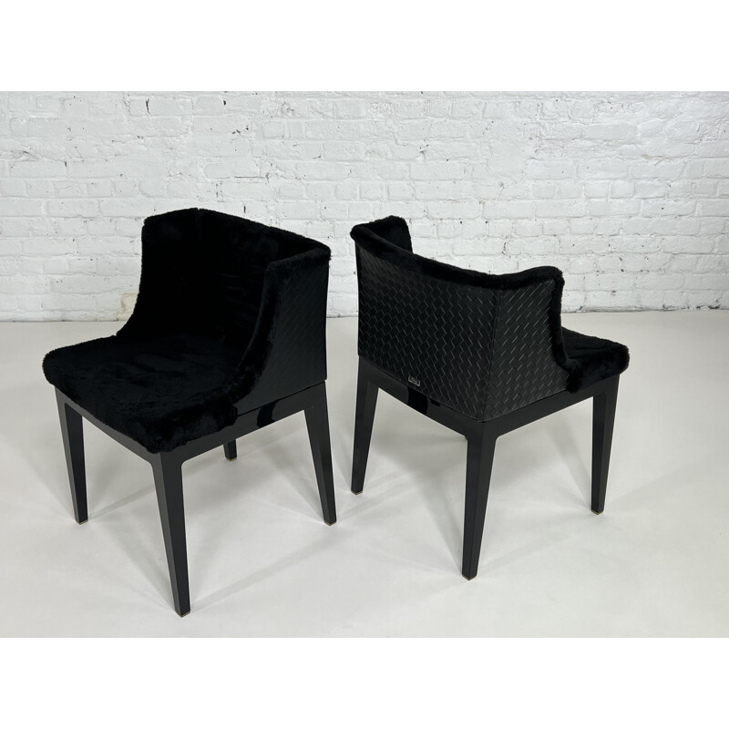 Pair of vintage black abs and black braided leather armchairs "Mademoiselle Kravitz" by Philippe Starck for Kartell