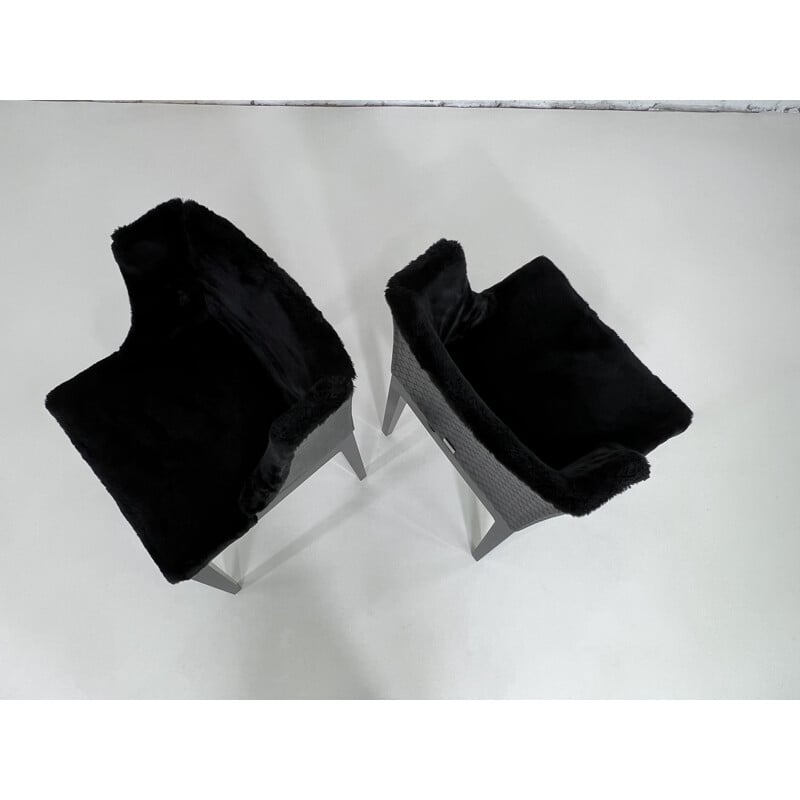Par de abdominais pretos vintage e poltronas de couro preto tecidas "Mademoiselle Kravitz" de Philippe Starck para Kartell
