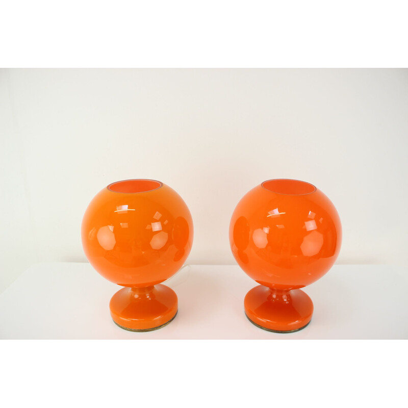 Pair of vintage orange glass lamps by Valasske Mezirici, Czechoslovakia 1970