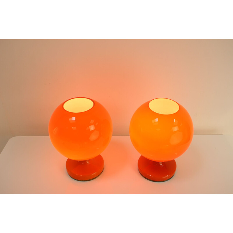 Pair of vintage orange glass lamps by Valasske Mezirici, Czechoslovakia 1970