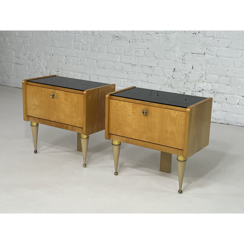 Pair of vintage wood and brass nightstands, 1950s
