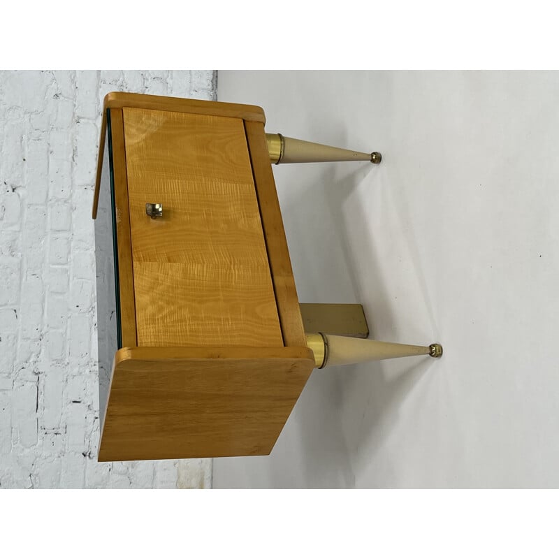 Pair of vintage wood and brass nightstands, 1950s