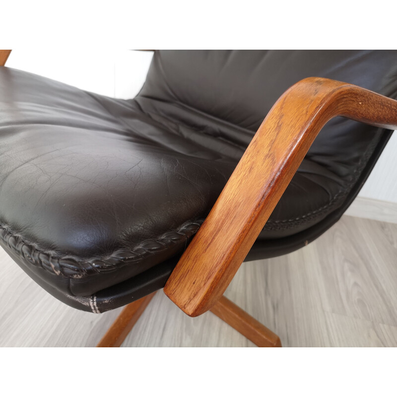 Mid century leather armchair with footstool by Berg C90, Denmark 1970s