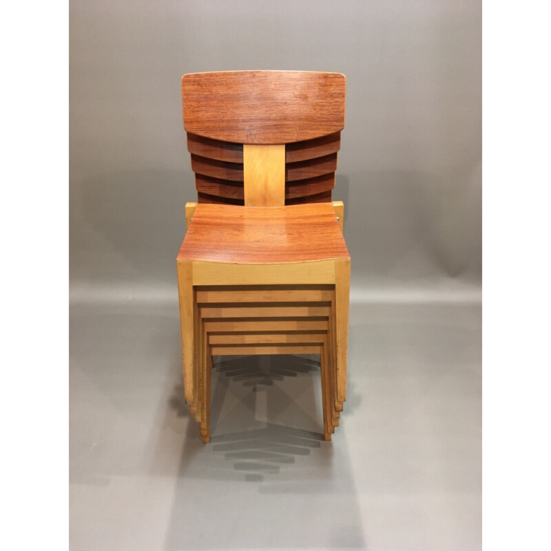 Set of 6 stackable chairs in rosewood and oak, Egon BRO - 1960s