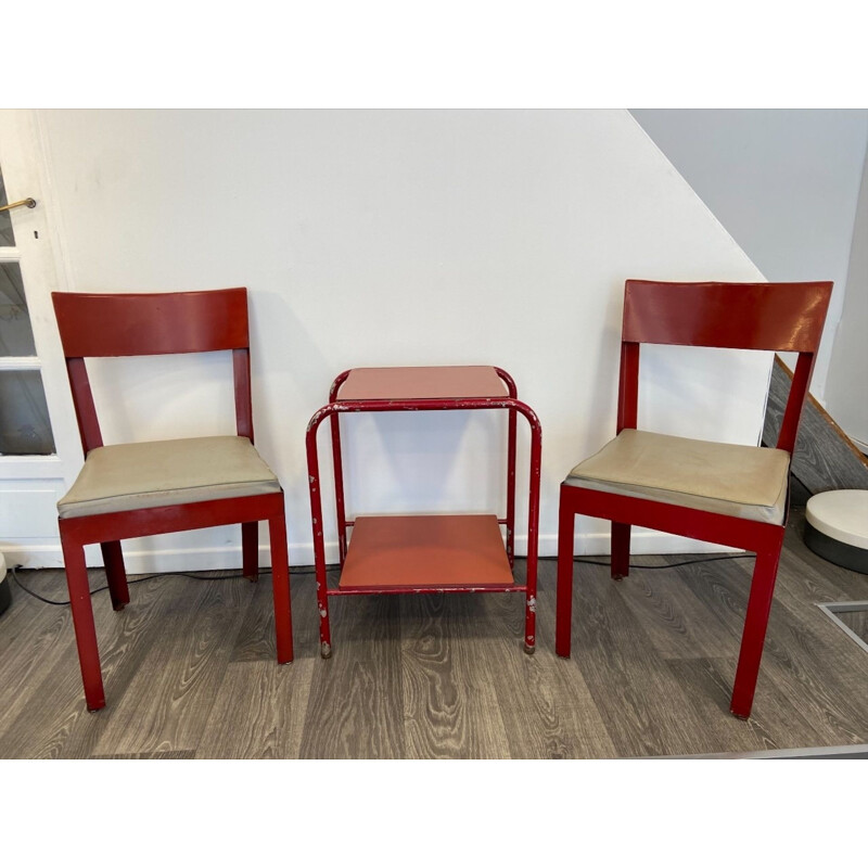 Pair of chairs with vintage lacquered metal side table by Jean Prouvé for the Sanotorium, 1935