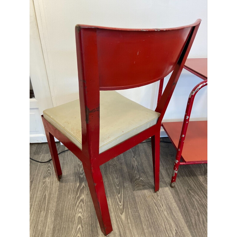 Pair of chairs with vintage lacquered metal side table by Jean Prouvé for the Sanotorium, 1935