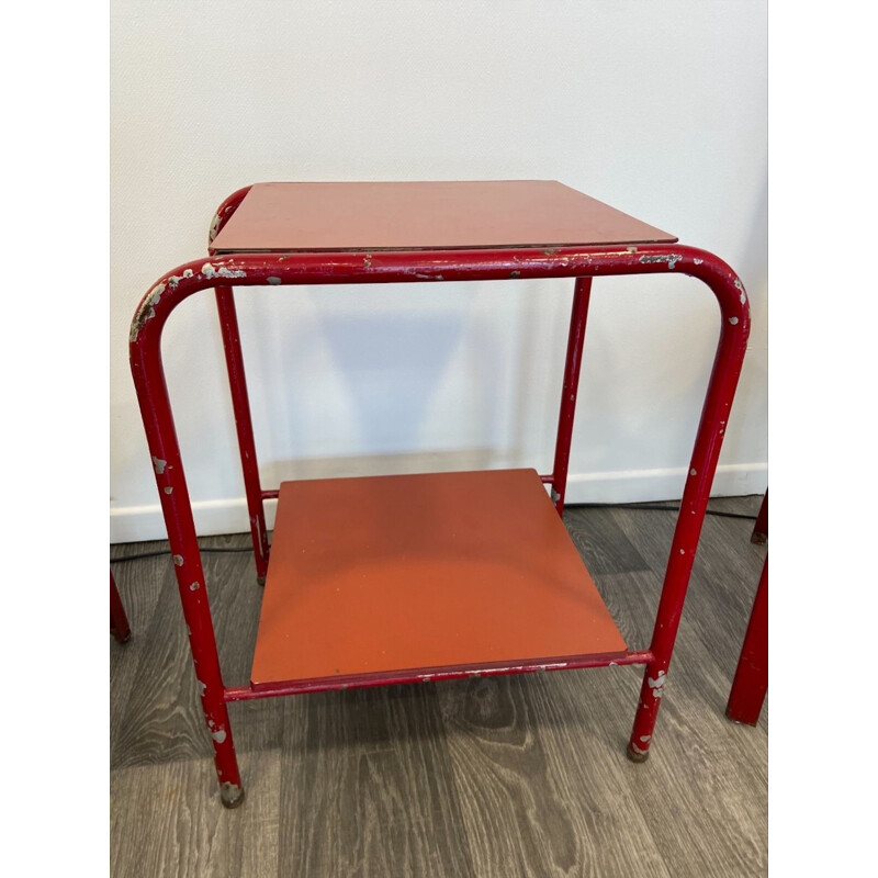 Pair of chairs with vintage lacquered metal side table by Jean Prouvé for the Sanotorium, 1935