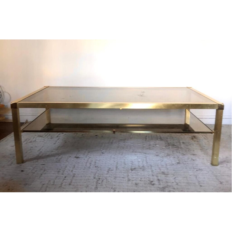 Vintage Italian coffee table in brass and smoked glass, 1970