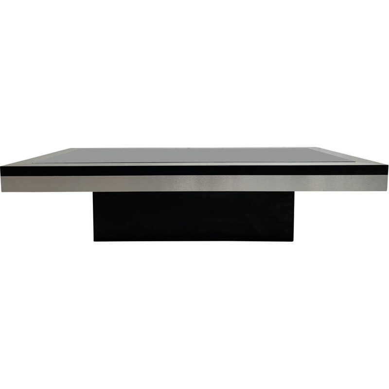 Table basse vintage en aluminium brossé et plateau en verre noir