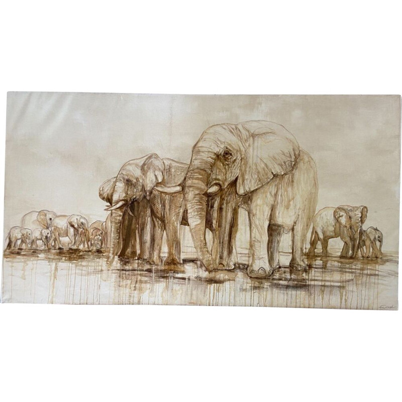 Huile sur toile vintage Les Éléphants par André Ferrand, 1998