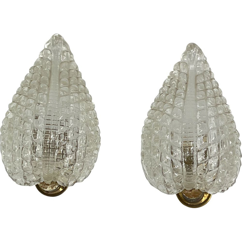 Pair of vintage art deco wall lamp in transparent murano glass by Ercole Barovier, Italy 1940