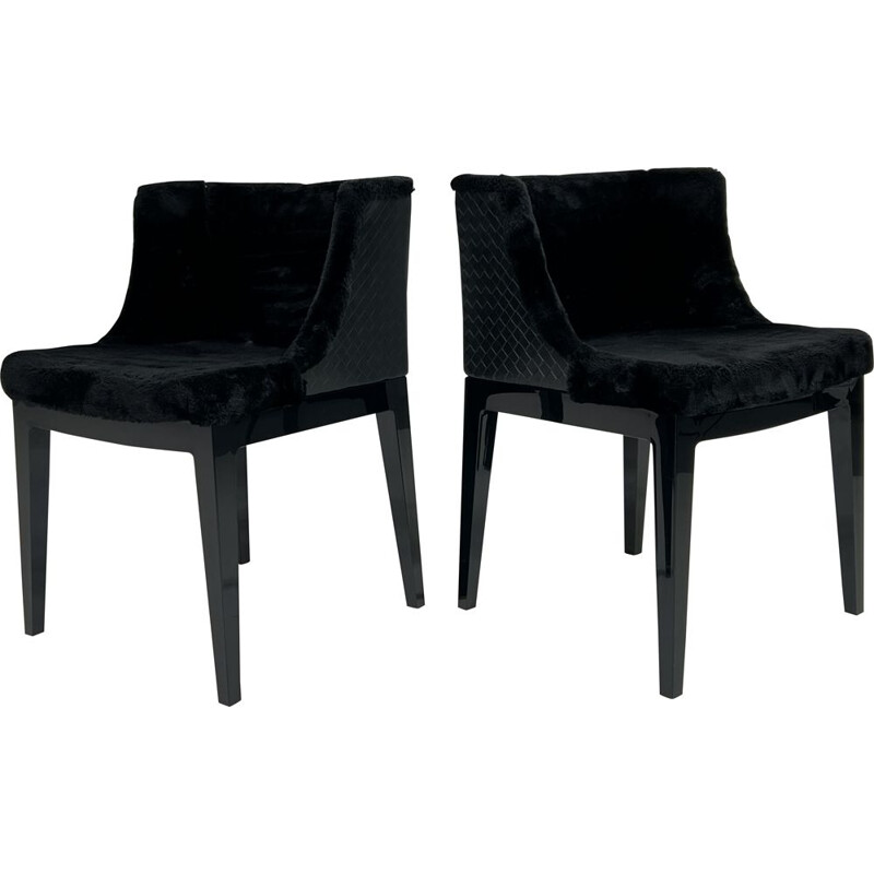 Coppia di poltrone vintage in abs nero e pelle nera intrecciata "Mademoiselle Kravitz" di Philippe Starck per Kartell