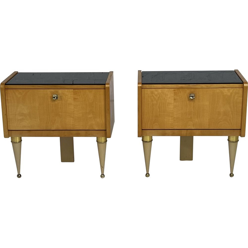Pair of vintage wood and brass nightstands, 1950s