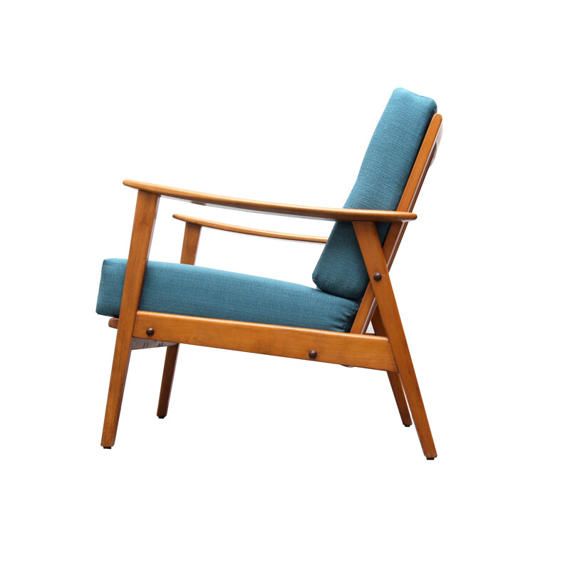 Armchair in solid wood and petrol blue fabric - 1950s