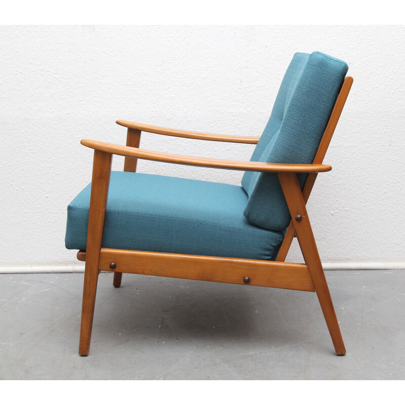 Fauteuil vintage en bois massif et tissu bleu pétrole - 1950 