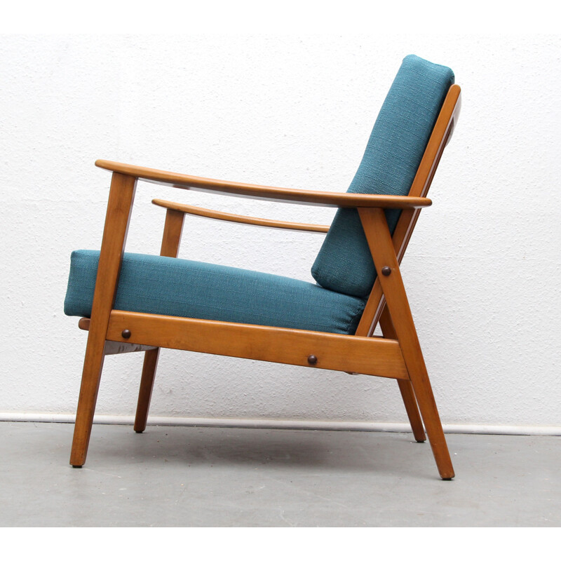 Armchair in solid wood and petrol blue fabric - 1950s