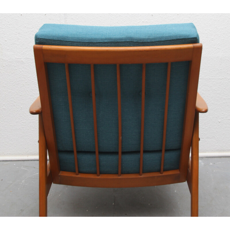 Armchair in solid wood and petrol blue fabric - 1950s