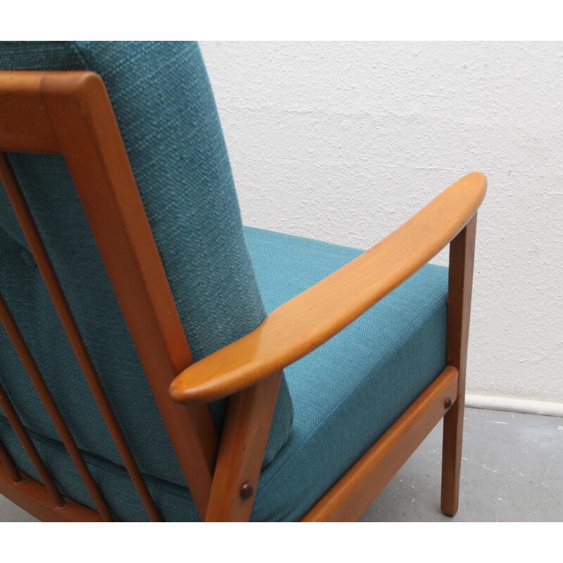 Fauteuil vintage en bois massif et tissu bleu pétrole - 1950 