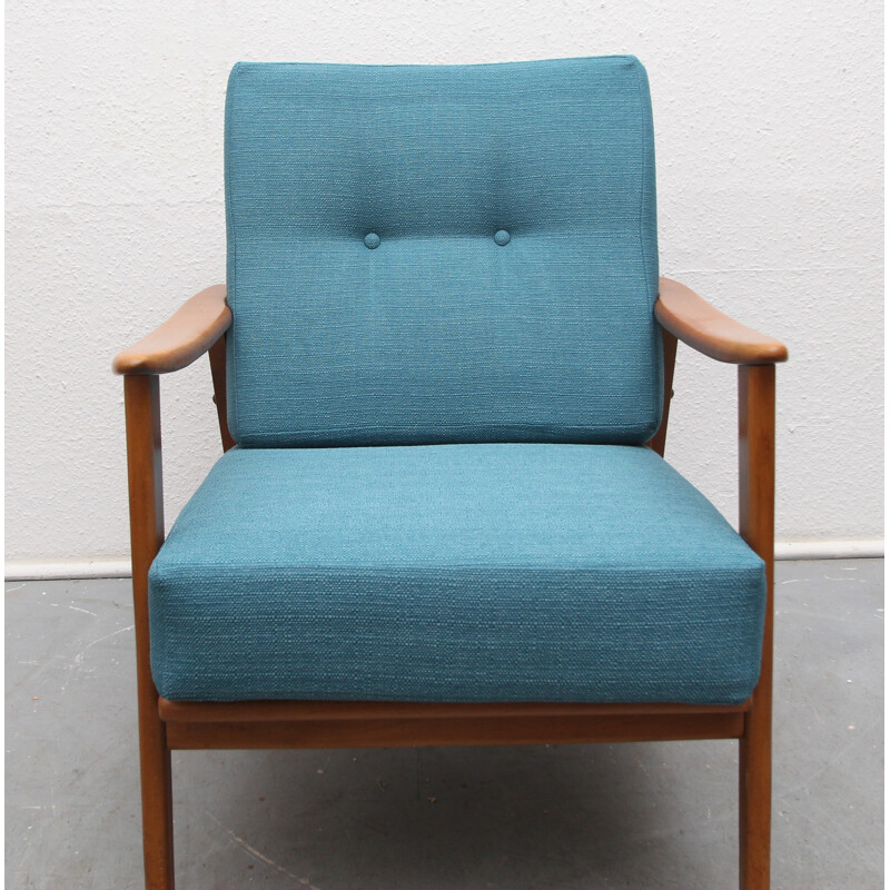 Armchair in solid wood and petrol blue fabric - 1950s