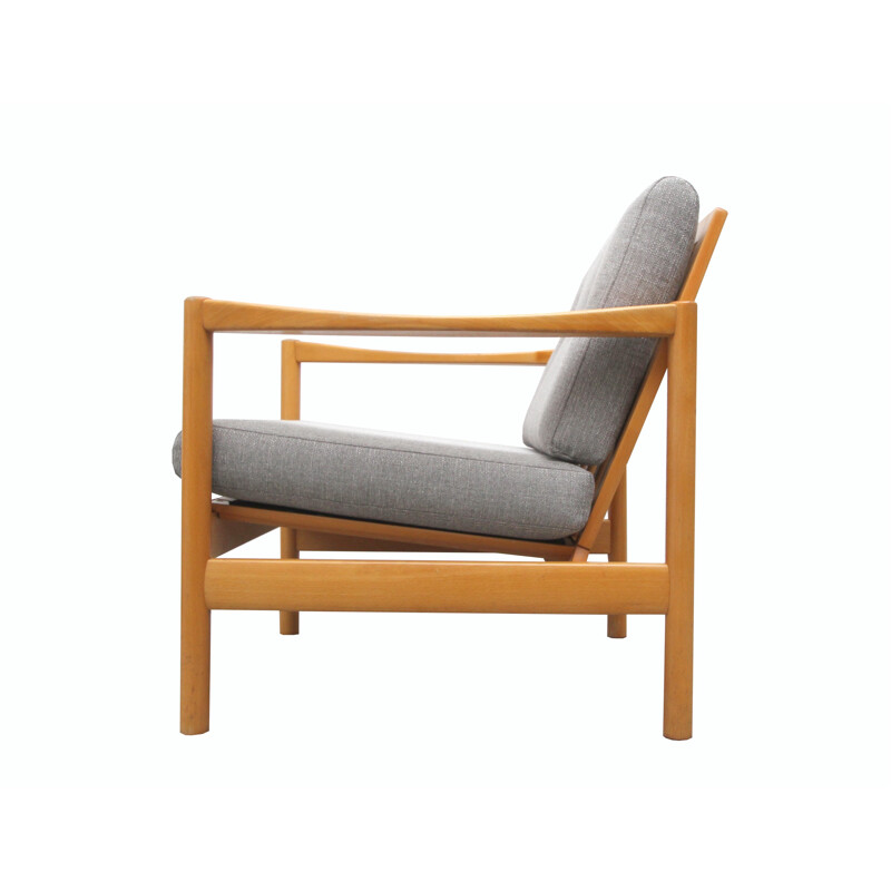 Fauteuil en bois massif et tissu gris - 1960