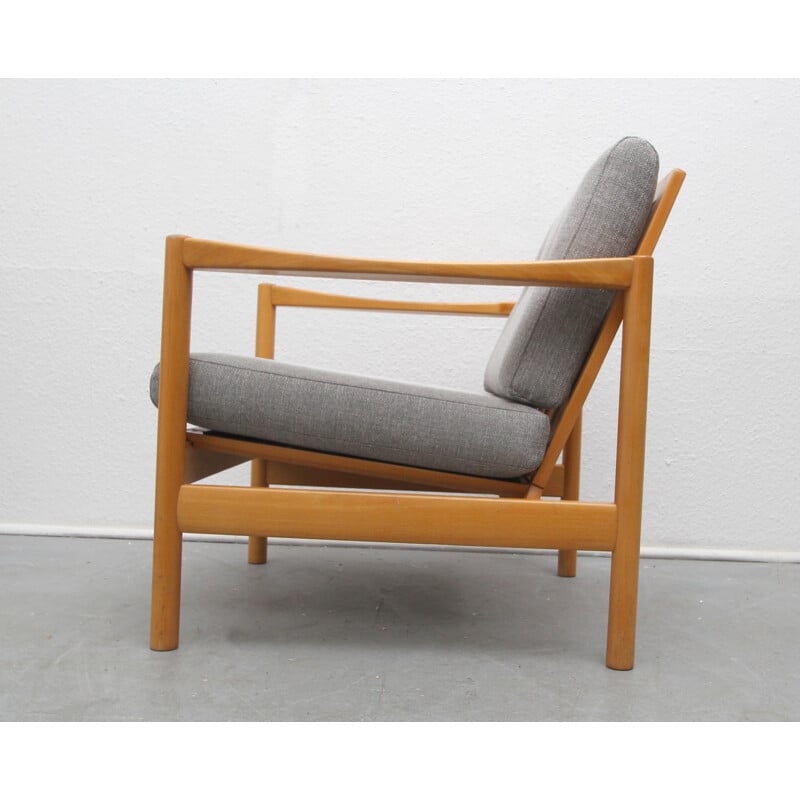 Armchair in solid wood and grey fabric - 1960s