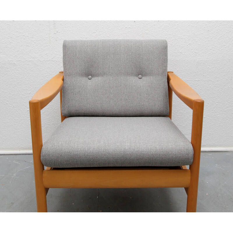 Armchair in solid wood and grey fabric - 1960s